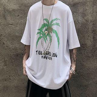 Lettering Tree Short-sleeve Round Neck T-shirt