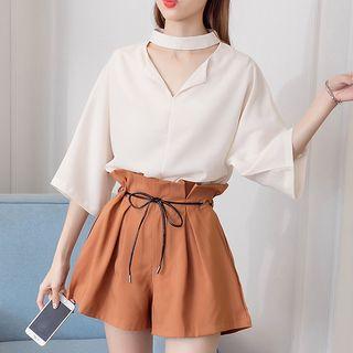 Set: Cut Out Neckline 3/4 Sleeve Chiffon Top + Wide Leg Shorts