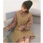 Plaid Long-sleeve A-line Dress / Pointelle Knitted Long Vest