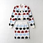 Heart Print Cardigan / Knit Skirt