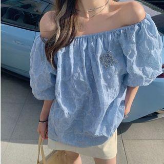 Puff-sleeve Off-shoulder Floral Top Blue - One Size
