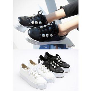 Faux-pearl Genuine Leather Platform Sneakers