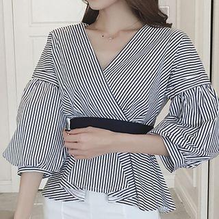 V-neck Balloon-sleeve Peplum Blouse