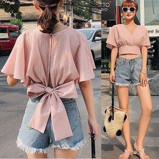 Plain Bow Accent Cropped Chiffon Blouse