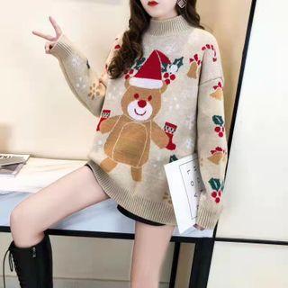 Mock-neck Christmas Bear Print Sweater