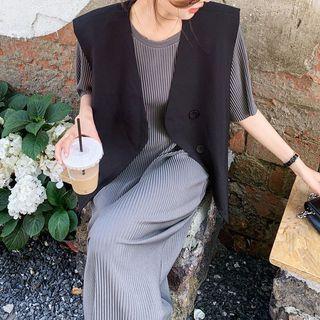 Set: Elbow-sleeve Midi Dress + Vest