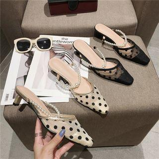 Kitten-heel Dotted Mesh Mules