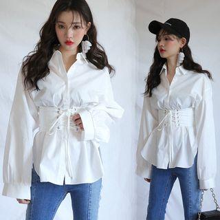 Long Sleeve Tie-waist Single-breasted Blouse