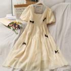 Ribbon-accent Puff-sleeve Chiffon A-line Dress