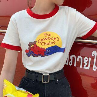 Short-sleeve Contrast Trim Printed T-shirt White - One Size