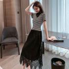 Knit Pane Short-sleeve Mini A-line Lace Dress