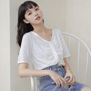 Short-sleeve V-neck Floral Cutout Blouse