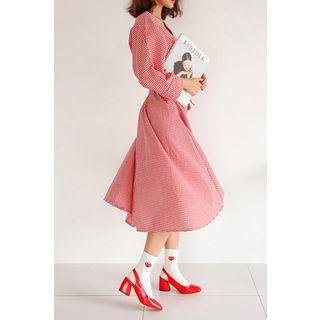 V-neck Gingham Dress With Sash