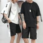 Couple Matching Elbow-sleeve Letter Strap T-shirt