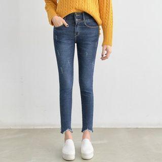 Band-waist Frayed Skinny Jeans