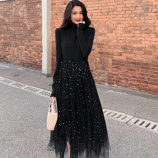 Long-sleeve Knit Panel Chiffon Dress