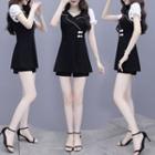 Set: Puff-sleeve Two-tone Dress + Shorts