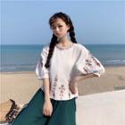 Ethnic Embroidered Puff-sleeve Blouse As Shown In Figure - One Size