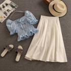 Set: Puff-sleeve Gingham Smocked Blouse + A-line Skirt