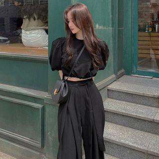 Round-neck Puff-sleeve Cropped Shirt + High-waist Wide Leg Pants