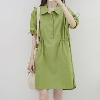 Short-sleeve Collar Drawstring Smock Dress