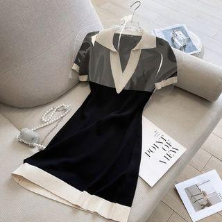 Short-sleeve V-neck Two Tone Mini A-line Polo Dress Black - One Size