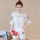 Set: Embroidered Lace Elbow-sleeve Top + Ripped Denim Shorts