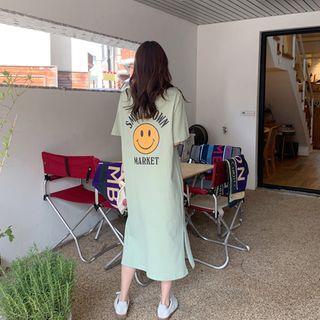 Smile-printed Slit-side T-shirt Dress