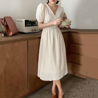 Puff Sleeve V-neck Midi Dress Beige - One Size