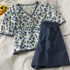 Set: V-neck Ruched Printed Top + Wide-leg Shorts