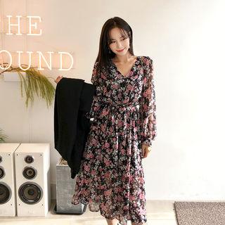 Floral Print Chiffon Dress Black - One Size