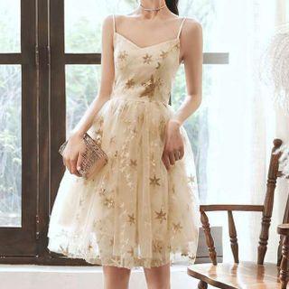 Spaghetti-strap Embroidered Mesh A-line Dress
