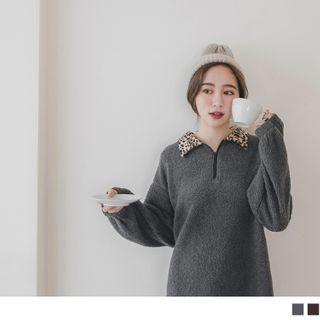 Leopard Collared Half-zip Fleece Top