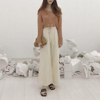 Open Knit Crop Sweater / Drawstring Waist Wide-leg Pants