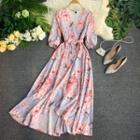 Floral Short-sleeve Midi A-line Dress Pink Flowers - Blue - One Size