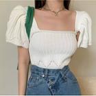Square-neck Puff-sleeve Ruffled Knit Top Almond - One Size
