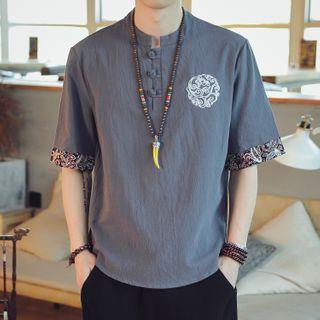 Embroidered Short-sleeve Frog-button Top
