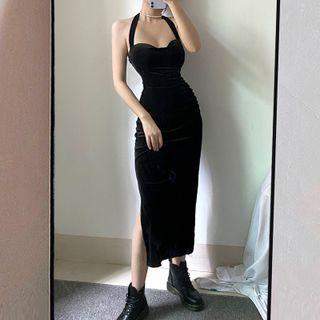 Halter Slit Velvet Maxi Dress