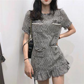 Tweed Slim-fit Ruffle Short-sleeve Dress