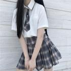 Pocket Detail Short-sleeve Shirt / Plaid Mini A-line Skirt