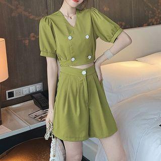 Set: V-neck Short-sleeve Top + Wide Leg Shorts