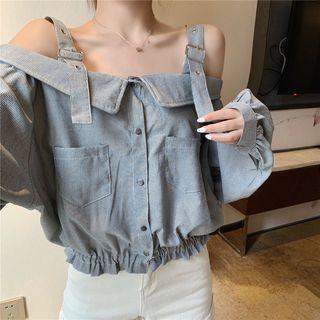 Off-shoulder Buckle Ruffled Blouse
