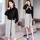 Set: Bow Accent Blouse + Contrast Trim Straight-fit Skirt