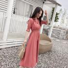 Gathered-waist Short Sleeve V-neck Dress