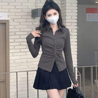 Set: Long-sleeve Collared Top + Pleated Mini A-line Skirt