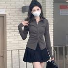 Set: Long-sleeve Collared Top + Pleated Mini A-line Skirt