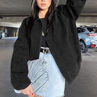 Long Sleeve Faux Suede Loose-fit Zip-up Jacket