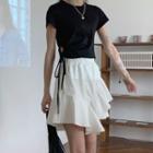 Short-sleeve Waist-tie T-shirt / Irregular A-line Mini Skirt