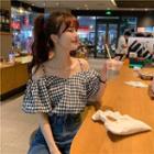 Short-sleeve Cold Shoulder Plaid Top Black - One Size