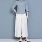 Elbow-sleeve Embroidered Top / Wide Leg Pants / Set